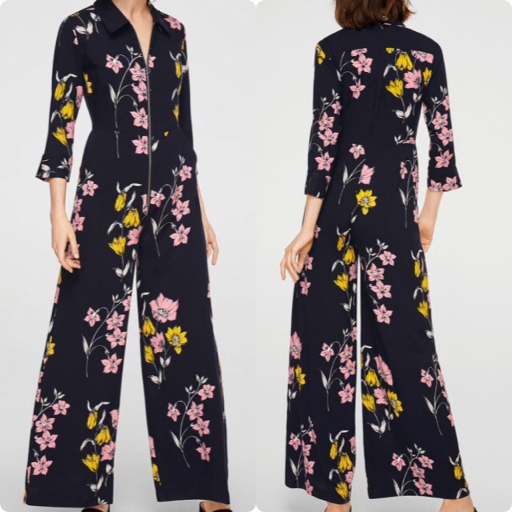 MANGO Dark Blue Floral Print Jumpsuit
